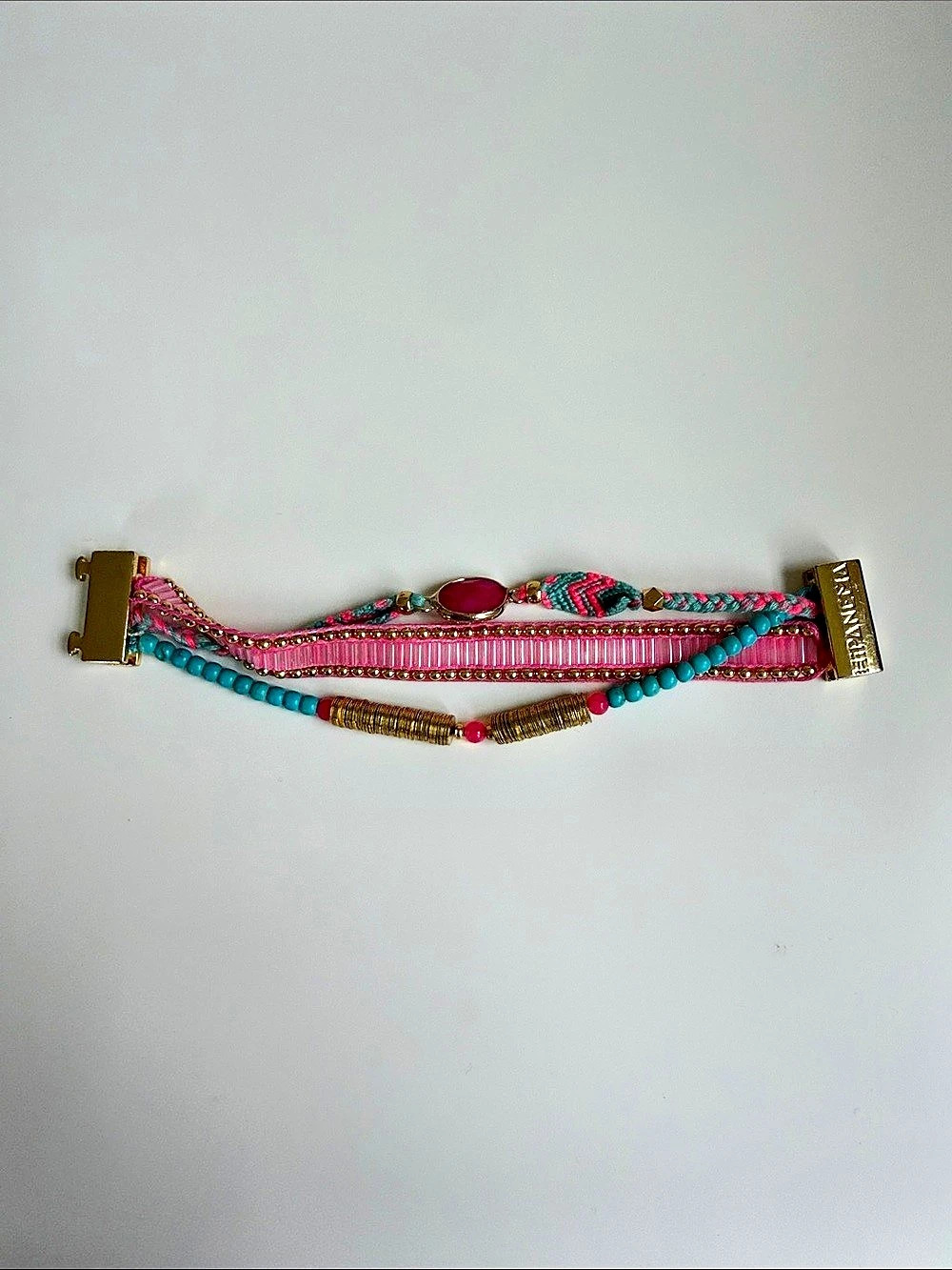 Hipanema Multi-Strand Beaded Boho-Chic Bracelet Pink & Turquoise Magnetic Clasp